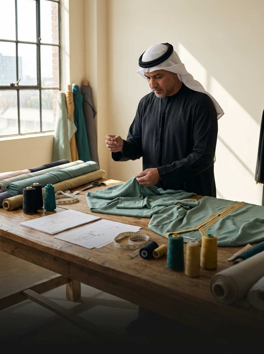 Independent tailor working on green fabric